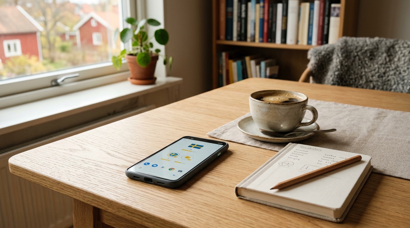 A smartphone beside a cup of coffee on a Scandinavian table, learning Swedish