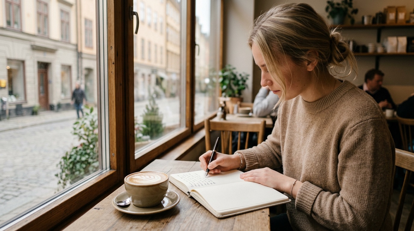 A Stockholm cafe table with an open notebook and coffee, practicing writing Swedish