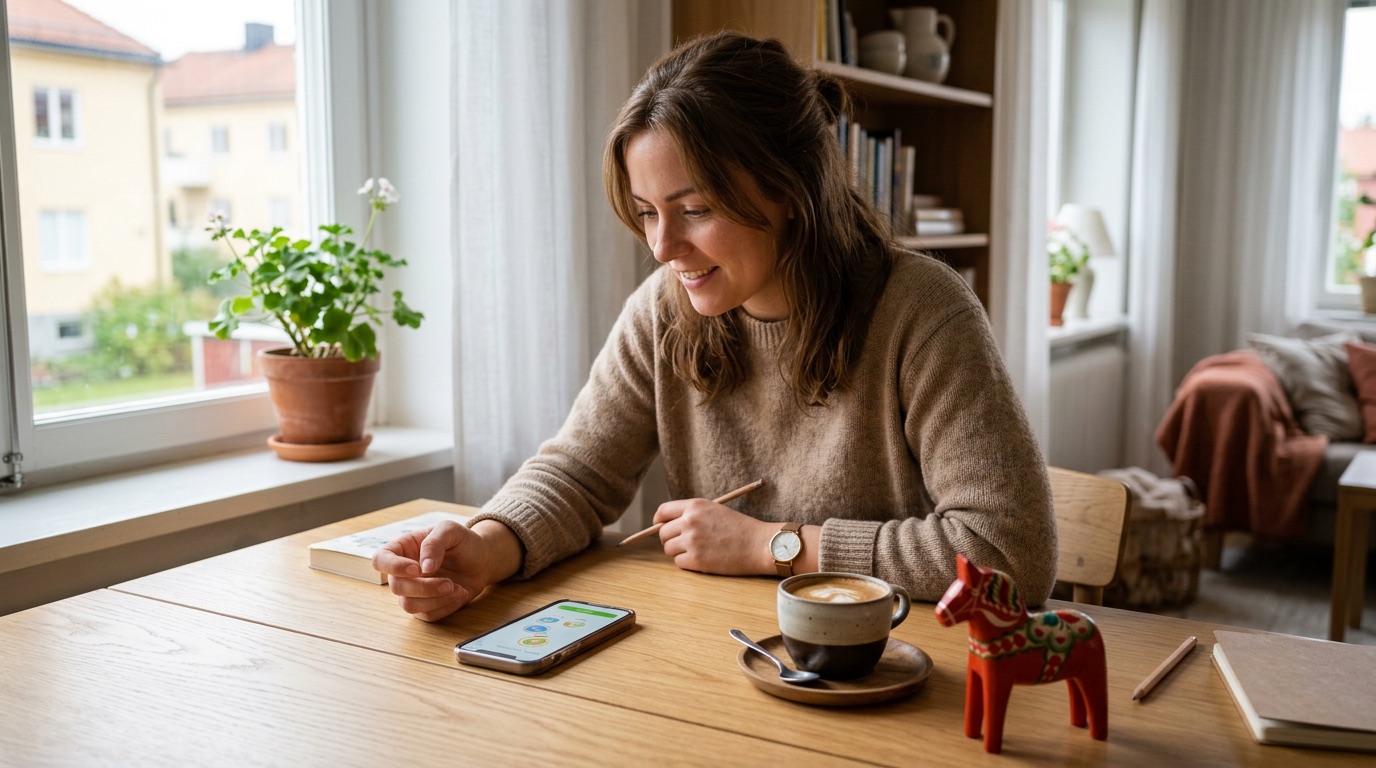 Studying Swedish on a phone at a Scandinavian desk with coffee and a red Dala horse
