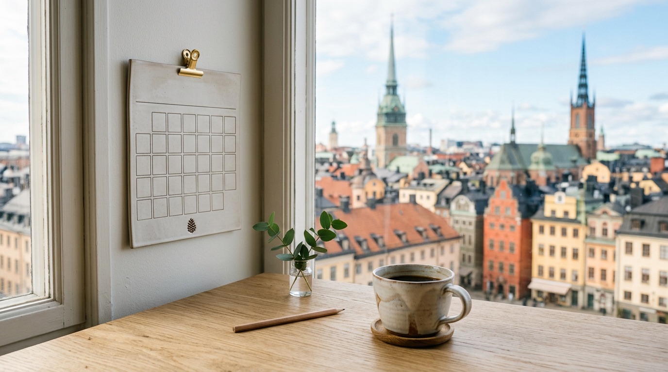 A calendar and coffee on a Scandinavian desk overlooking Stockholm rooftops