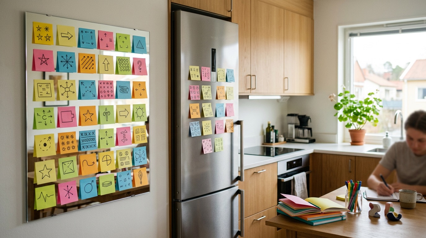 Colorful sticky notes on a fridge in a bright Swedish kitchen for remembering words