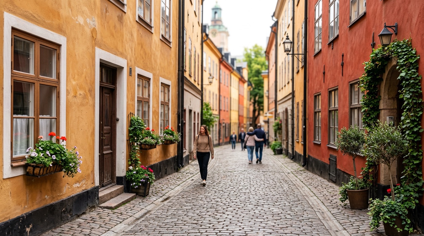 A colorful street in Gamla Stan old town Stockholm, inviting and bright