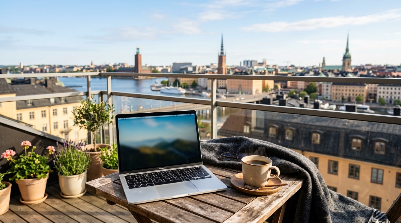 A laptop and coffee on a sunny Scandinavian balcony overlooking a Swedish city