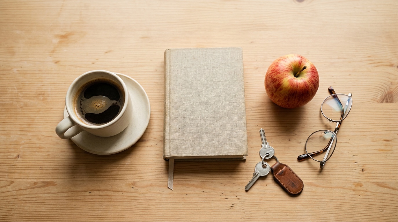 A flat-lay of everyday objects on a light wood table for visual Swedish vocabulary