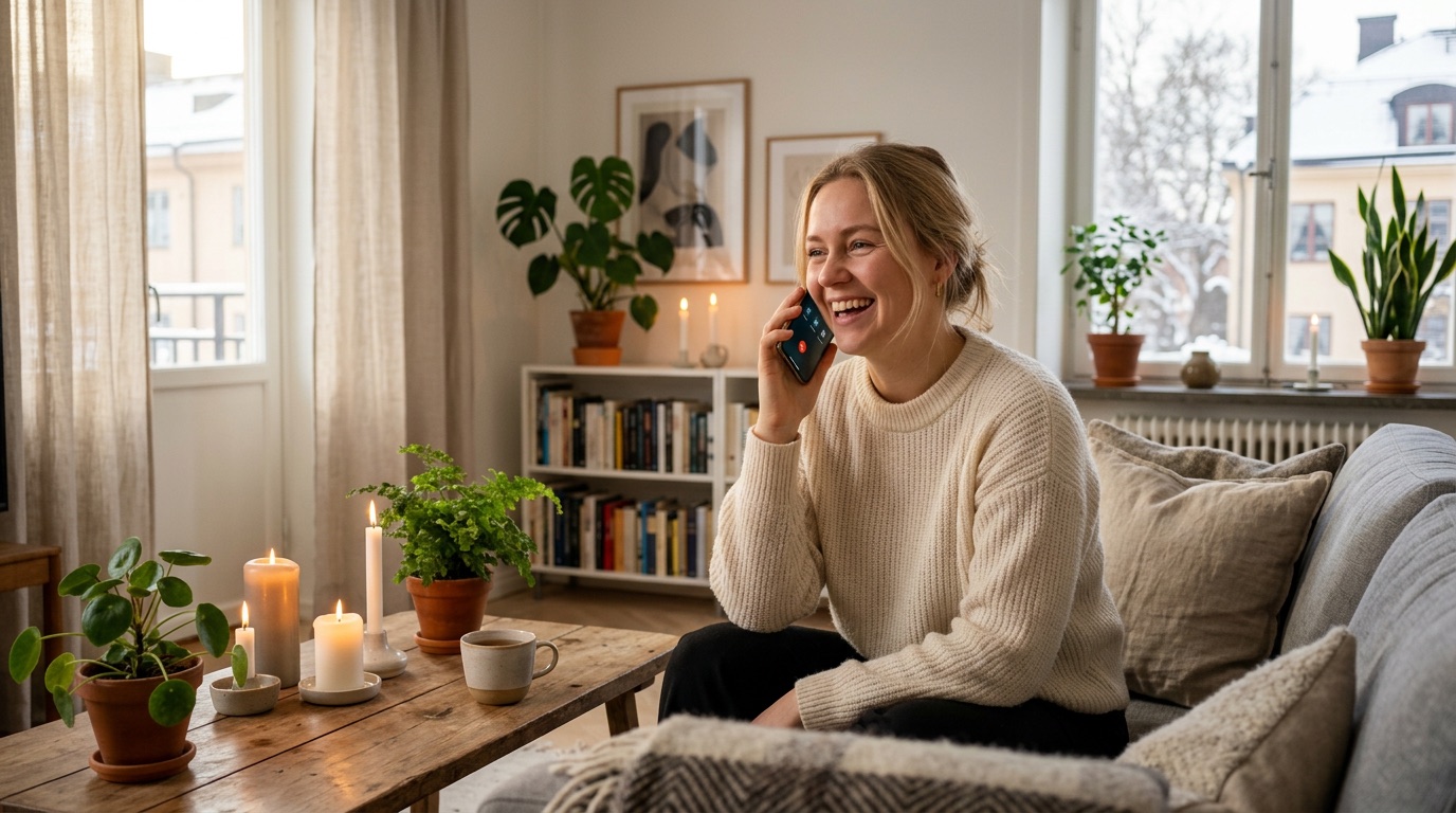 A person speaking Swedish into a phone in a cozy candlelit Swedish living room