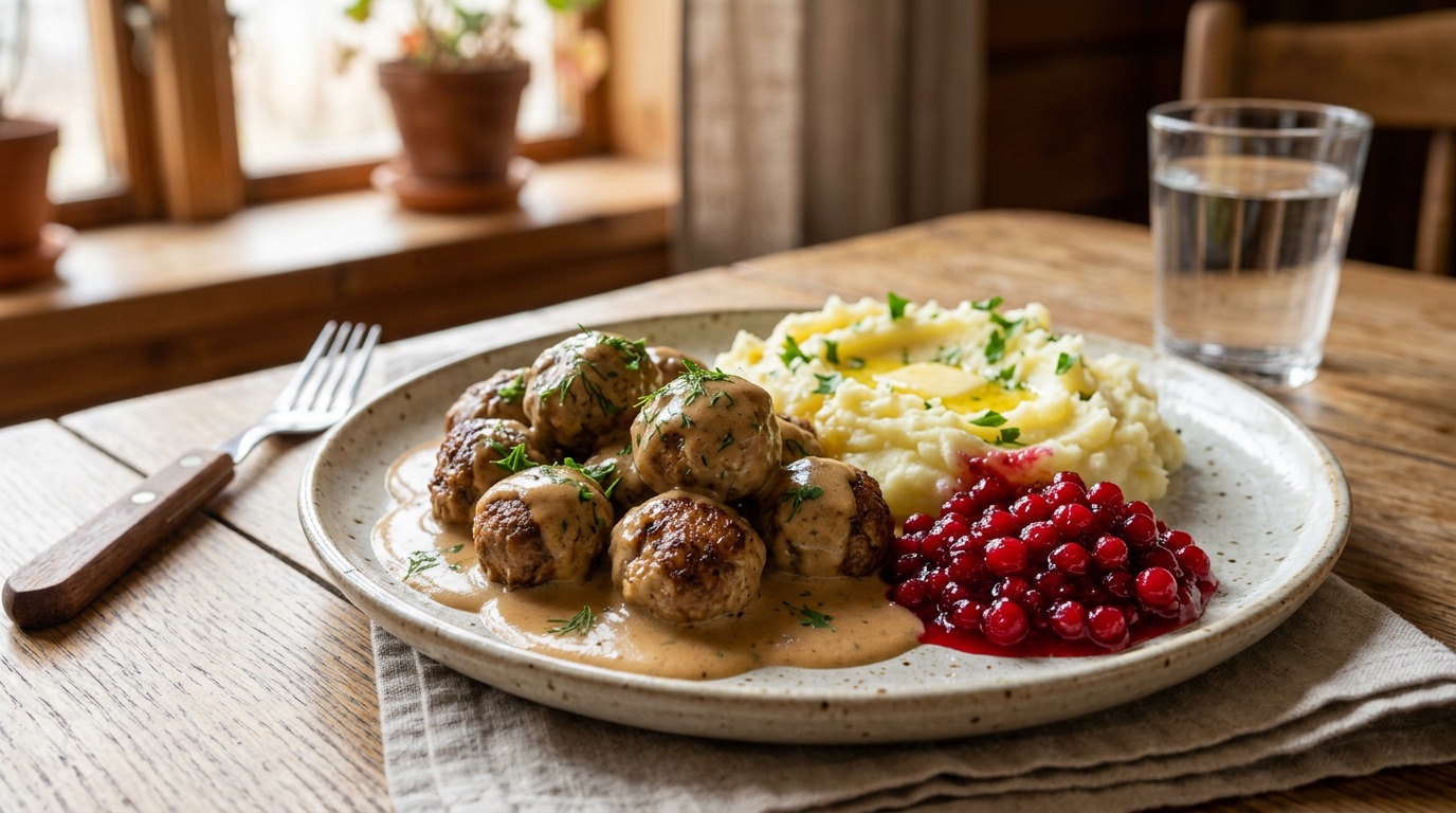 A plate of Swedish meatballs with cream sauce, mashed potato and lingonberry jam