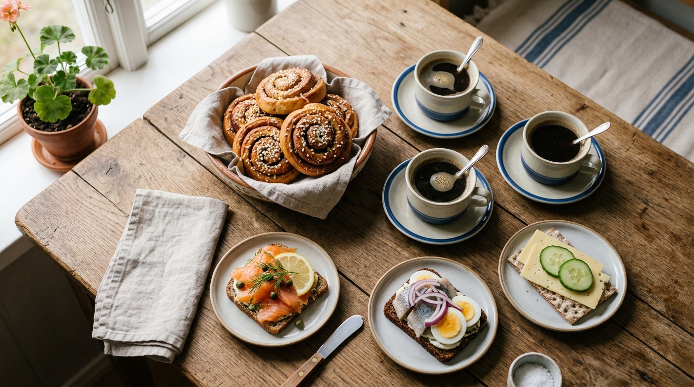 A Swedish fika table with cinnamon buns, coffee and open-faced sandwiches