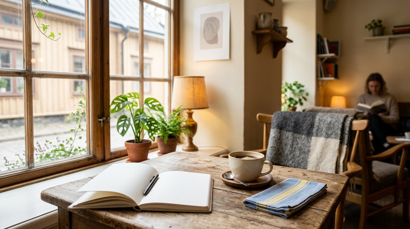 A welcoming Swedish cafe study corner with a notebook and coffee