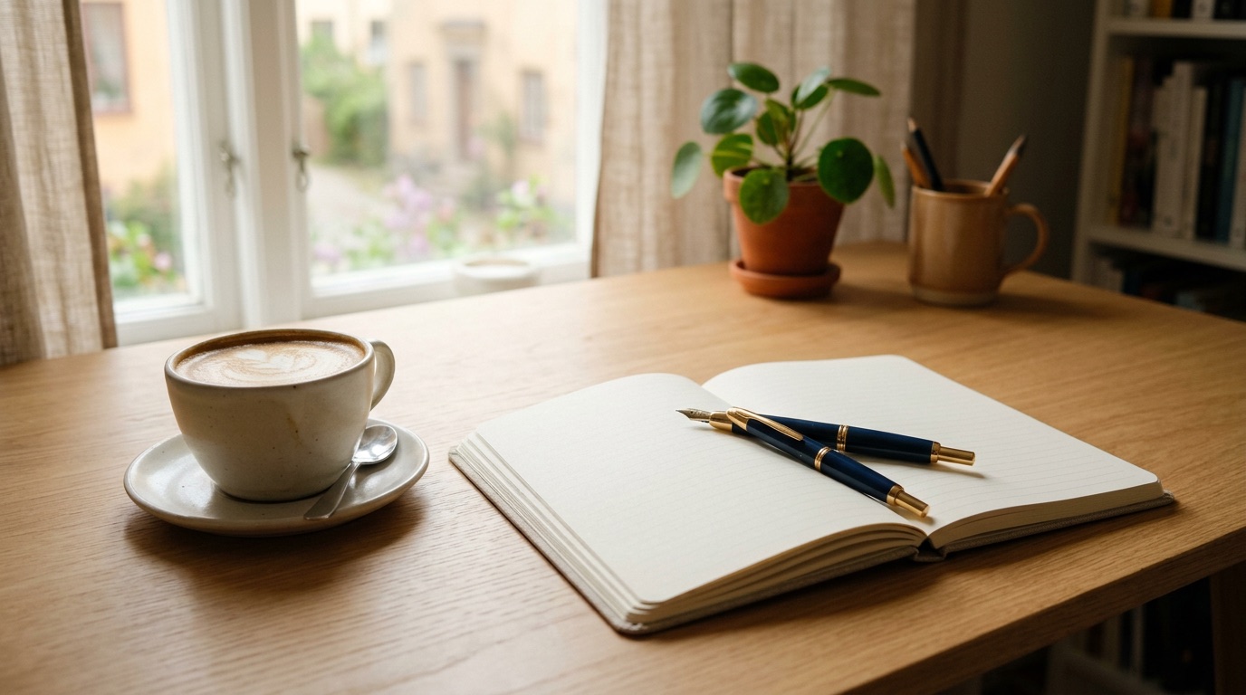An open notebook with a fountain pen and coffee on a Scandinavian desk