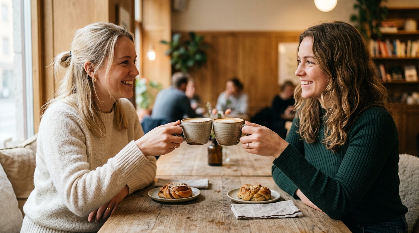 Two people toasting coffee cups at a cozy cafe during a Swedish fika