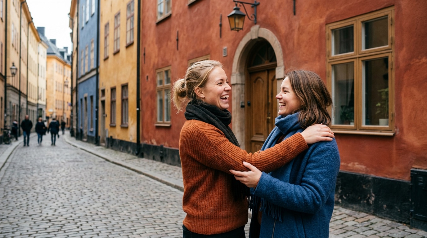 Two friends greeting warmly outside a colorful building in Gamla Stan Stockholm