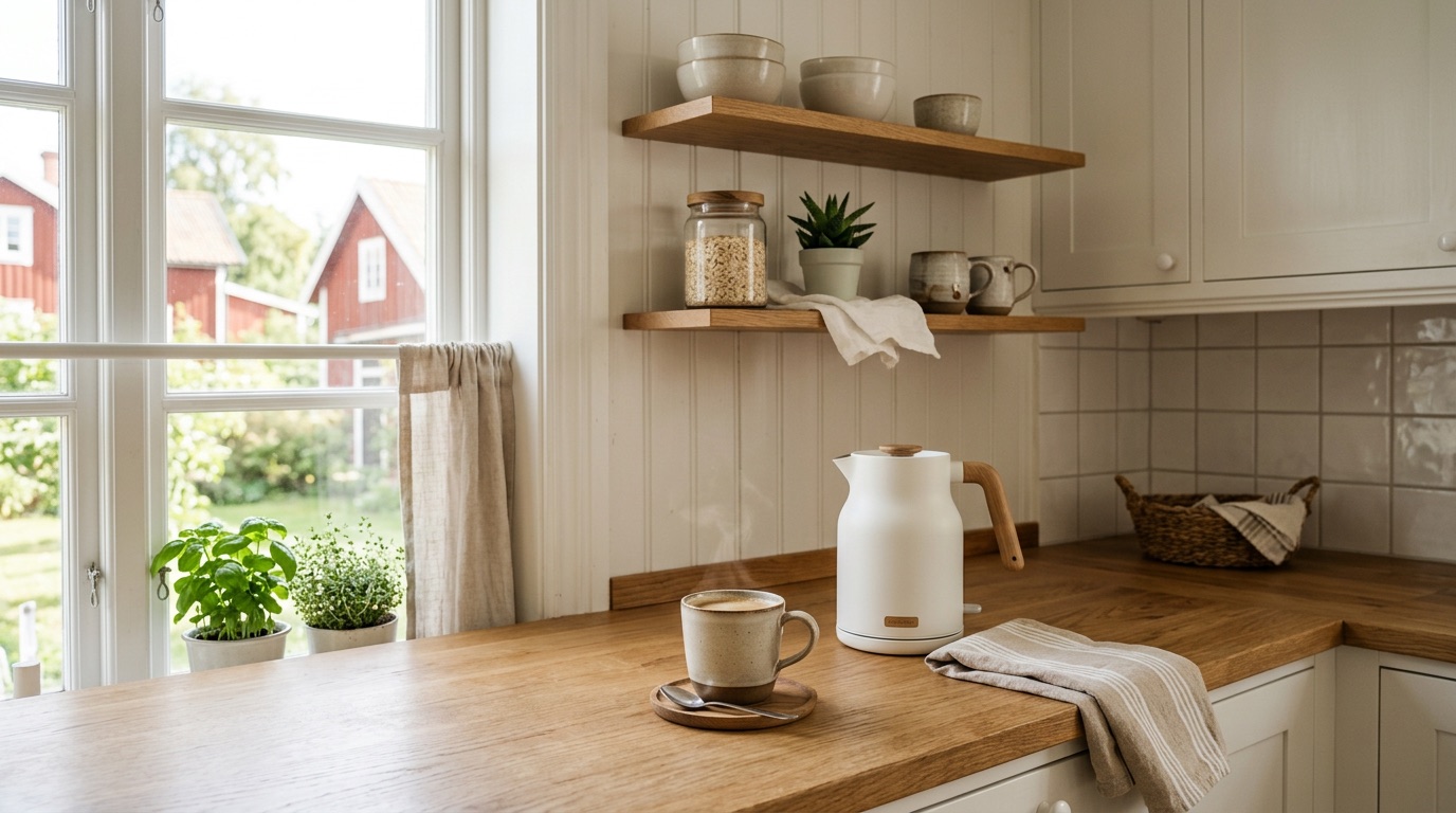 A bright Scandinavian kitchen with a kettle and coffee on the counter