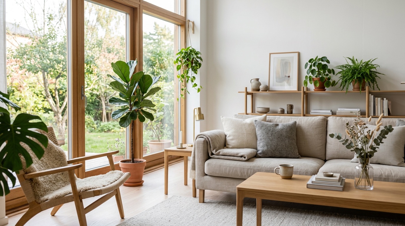 A bright minimalist Scandinavian living room with plants and wooden furniture