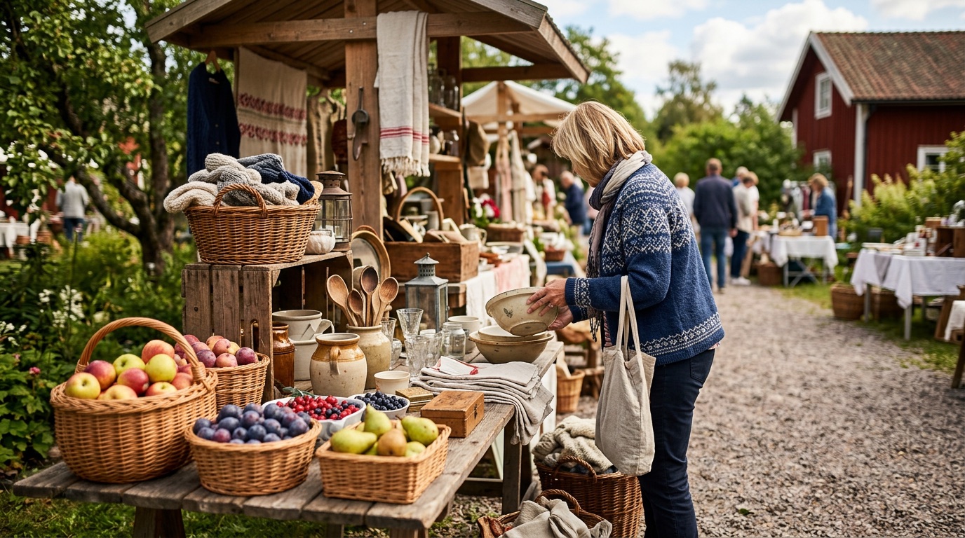 A Swedish outdoor flea market loppis stall with baskets of fruit and vintage goods