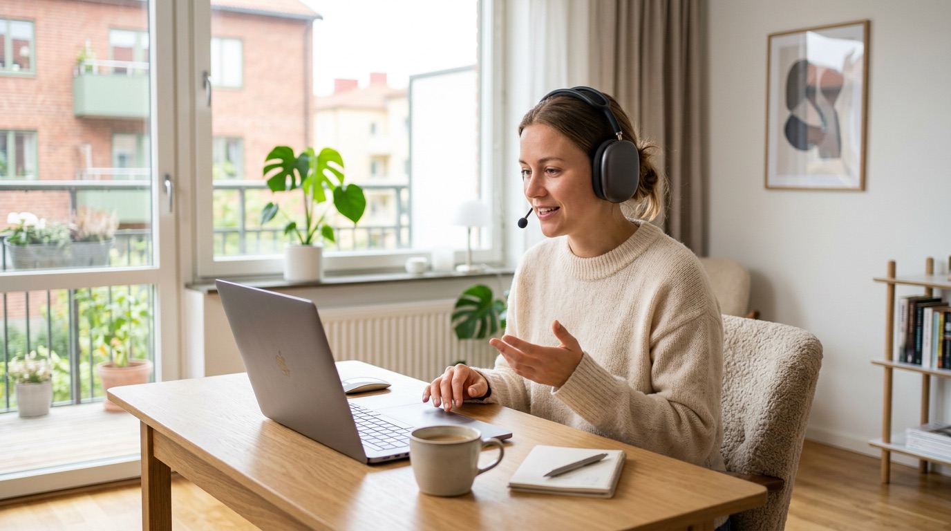 A person with headphones practicing Swedish pronunciation at a laptop