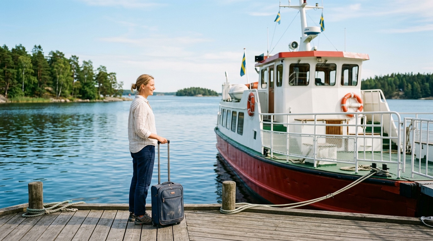 A traveler with a suitcase beside a red Stockholm archipelago ferry on blue water