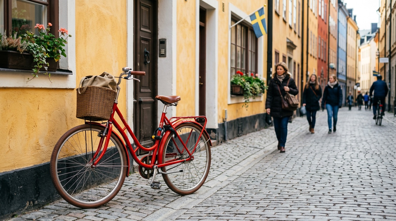 People cycling and walking along the Stockholm waterfront, a sense of movement