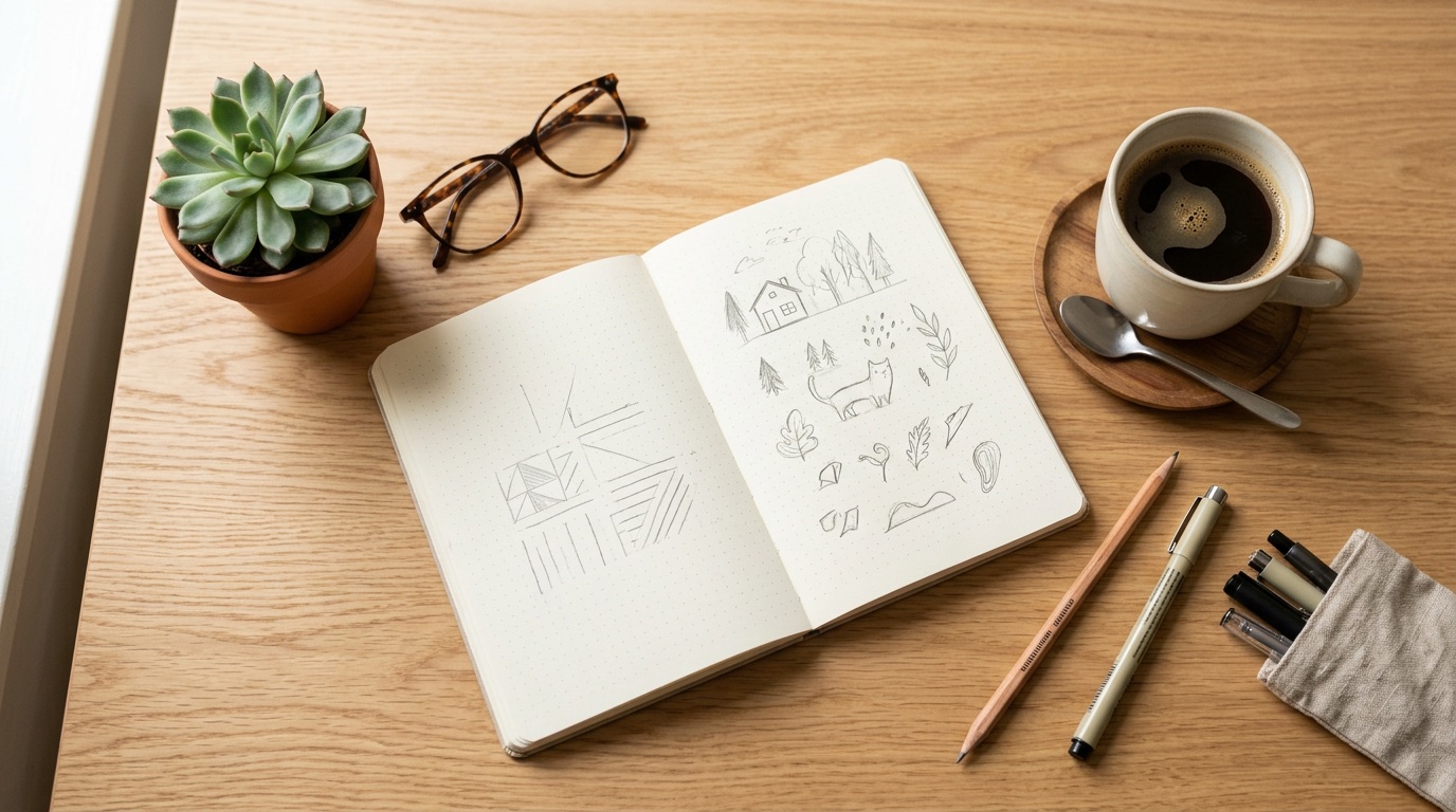 A beginner study flat-lay with a notebook of sketches and coffee on light wood