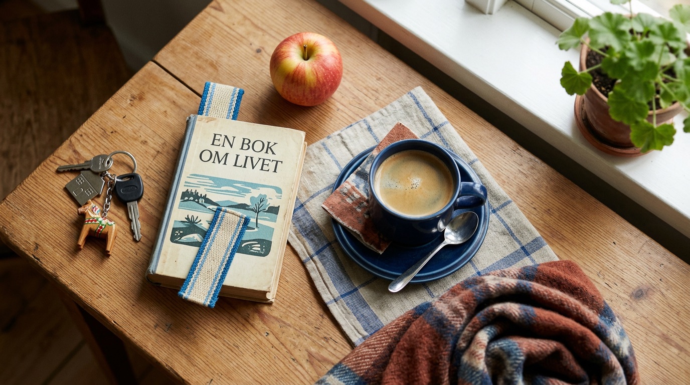 A flat-lay of everyday Swedish life objects on a warm wooden table