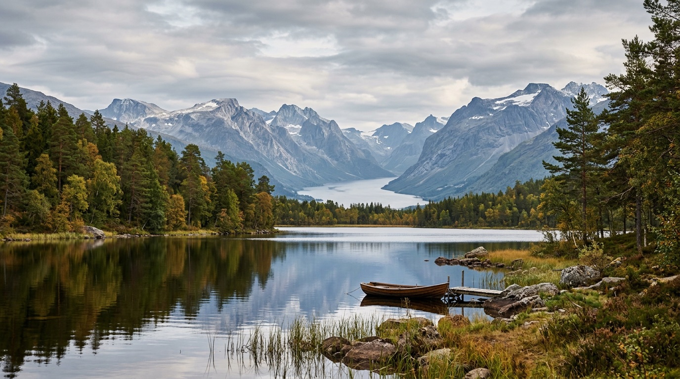 A Scandinavian landscape blending a Swedish forest lake with a Norwegian fjord